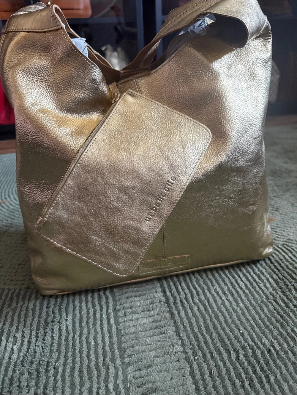 Metallic Gold Leather Shoulder Bag with Matching Pouch by Urban Code